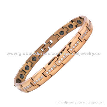 Magnetic Stainless Steel Bracelets with 64-piece of CZ Stones and IP Rose Gold Plated